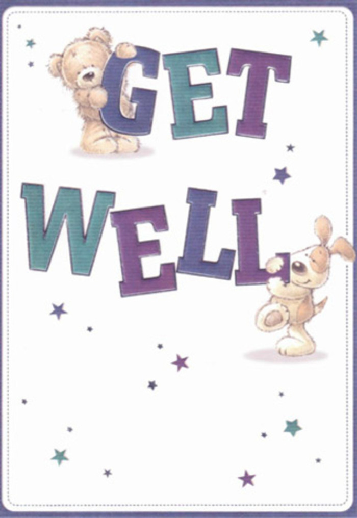 This illustrated get well card is a gentle hymn of support, painted in tones that channel the tranquil spirit of Hackney Marshes. The friendly faces of a bear and a puppy take centre stage, framed by playful constellations of purple and turquoise stars that seem to float, carrying wishes across open skies. Their fluffy fur and velvety puppy ears are rendered with such attentive detail, you can easily imagine the soft paws resting on cheerful, oversized typography. The lettering, in bold shades of indigo and aqua, commands attention but never overwhelms, reminiscent of the confident palettes used in our local bouquets, designed to lift the spirits of anyone on the mend along the Kingsmead Estate or by Homerton Road. There's a subtle texture in the background that recalls the gentle light filtering through willow trees. The card's atmosphere is both nurturing and light-an echo of the thoughtfulness our florists pour into every get well delivery across Hackney Marshes. It's a scene imbued with a spirit of reassurance and heartfelt care, a tactile comfort ready to journey alongside fresh flowers to brighten a neighbour's day.